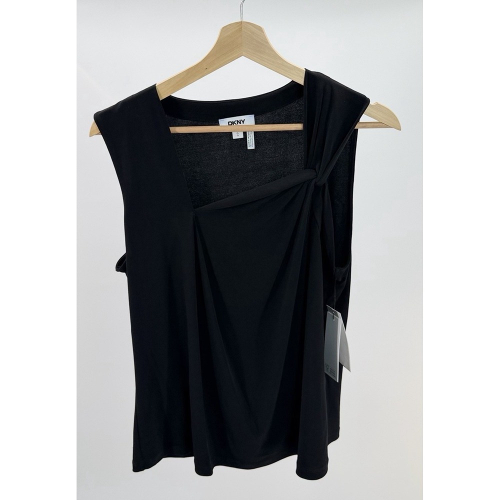 DKNY Women's Asymmetrical Neck Sleeveless Black Business Blouse Top Size Large L
